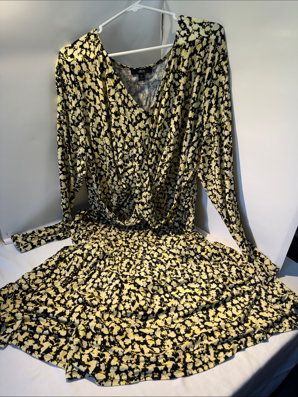ELOQUII Yellow and Black Floral Wrap Dress